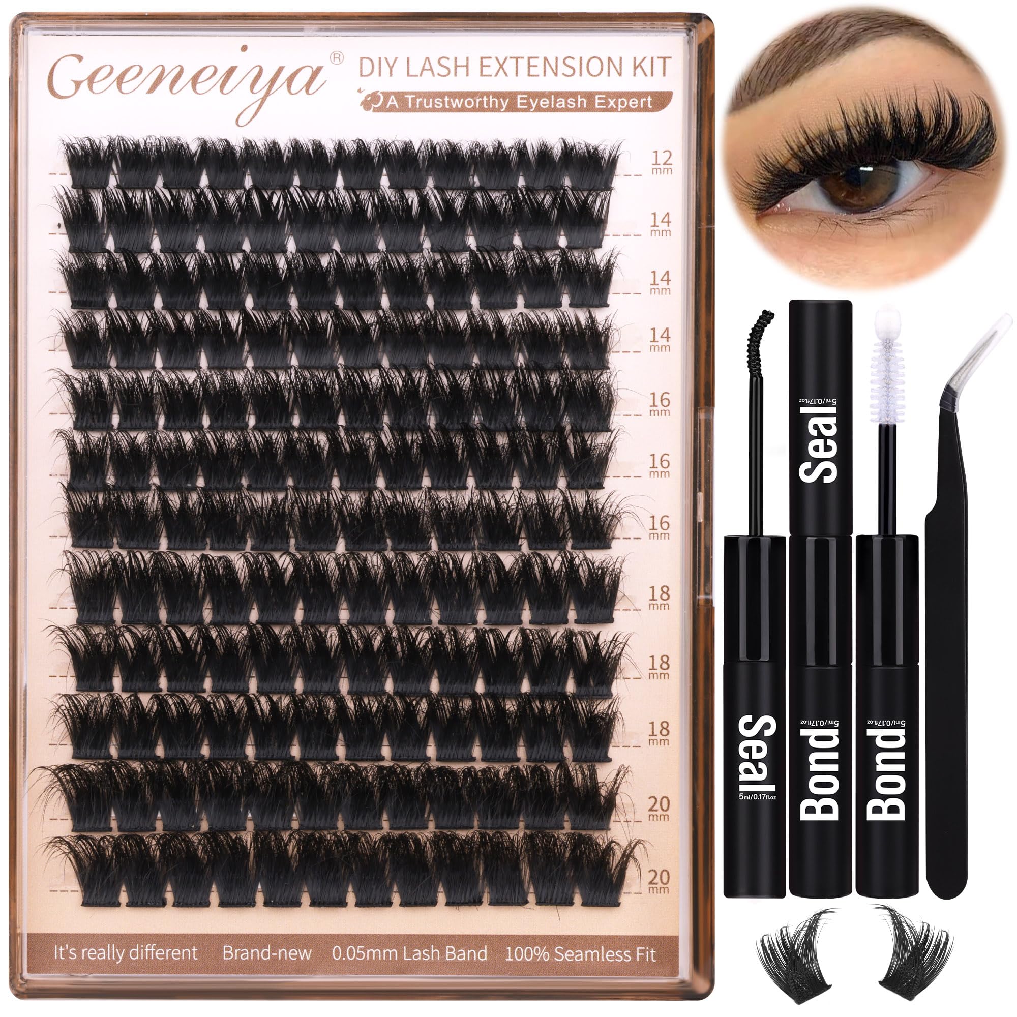 Geeneiya 200D Lash Clusters Kit Thick Lash Extension Kit 10-20mm Wispy Cluster Eyelash Extensions Individual Eyelashes Kit with