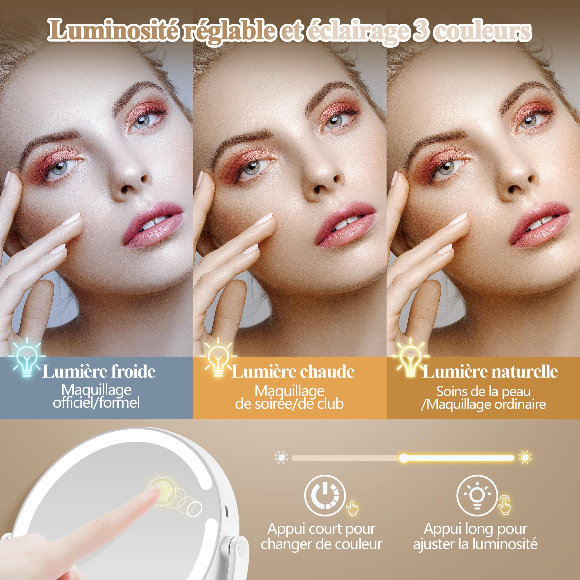 MOMOKUBA Miroir Grossissant Lumineux X 20, Miroir Grossissant sur Pied 8", miroirs Maquillage Lumineux sur Pied Double Face 3 Couleurs 64 LED, Rechargeable Rotation 360°