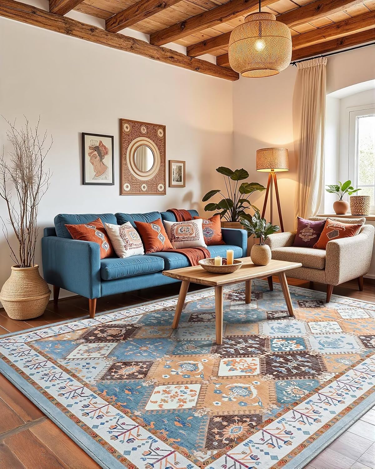 Blue Washable Area Rug for Living Room,8x10 Boho Non-Slip Bedroom Rugs, Moroccan Floral Trellis Carpet Soft Low Pile Accent Indoor Mat for Kitchen Laundry Room Blue/Multi 8' x 10' (Rectangular)