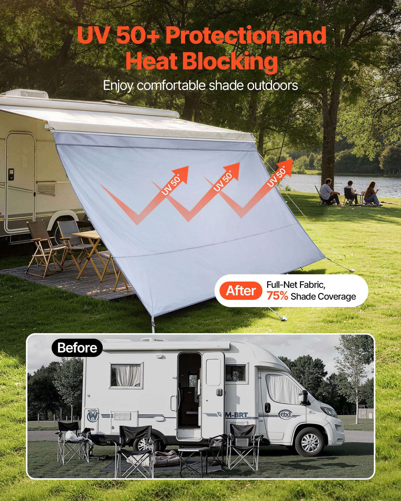 VEVOR Parasole per Camper Roulotte 2 x 3,7 m Pannello Frontale Tenda da Sole Poliestere Anti UV50+