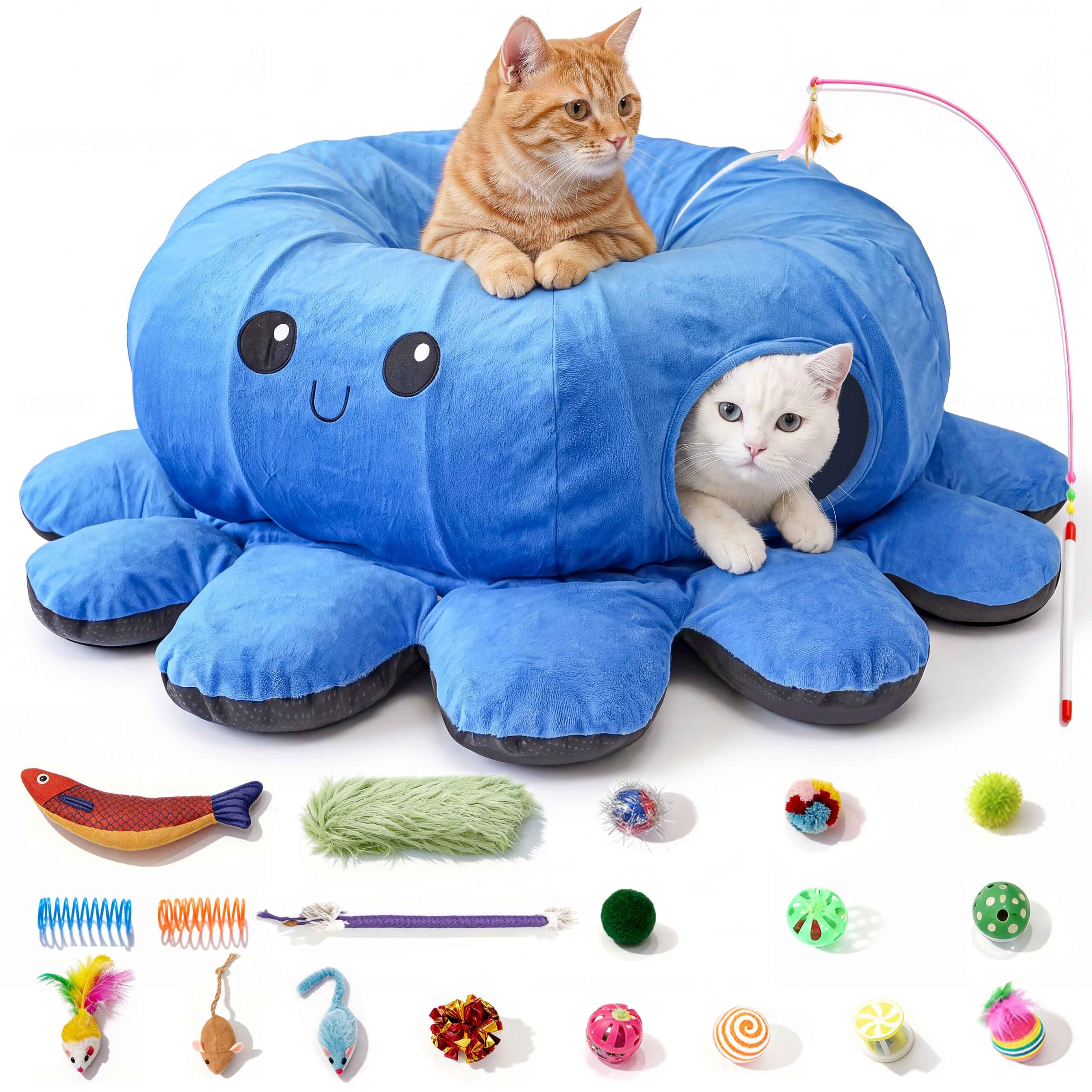 Cat Tunnel Bed with 20 Cat Toys, Kitten Toys for Indoor Kittens,Blue