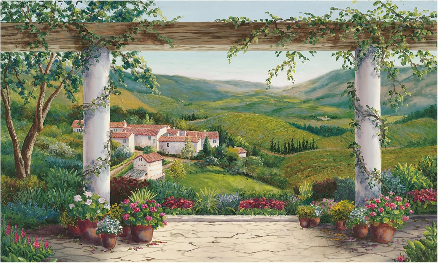 RoomMates Europa II Italian Villa Prepasted Mural, Green/Pink/White/Blue/Multi