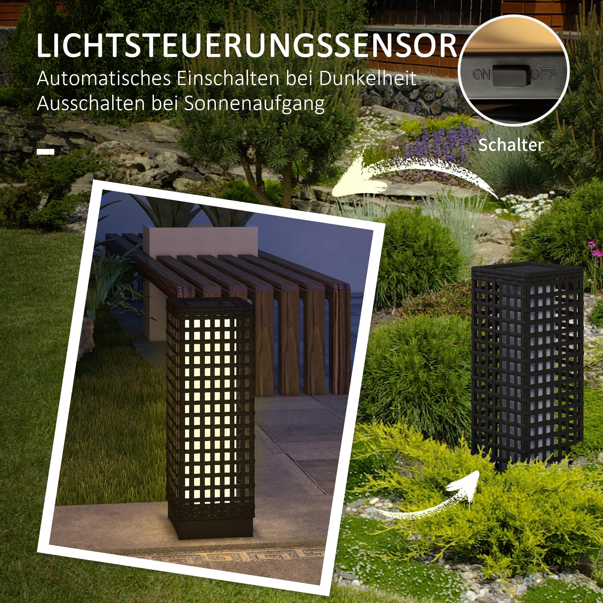 Outsunny solarne rattanowe z czujnikiem światła 15,5x15,5x46cm Czarny | Ładowalna LED, IP44 wodoszczelna, latarka solarna, lampa zewnętrzna, do ogrodu, balkonu, podwórza