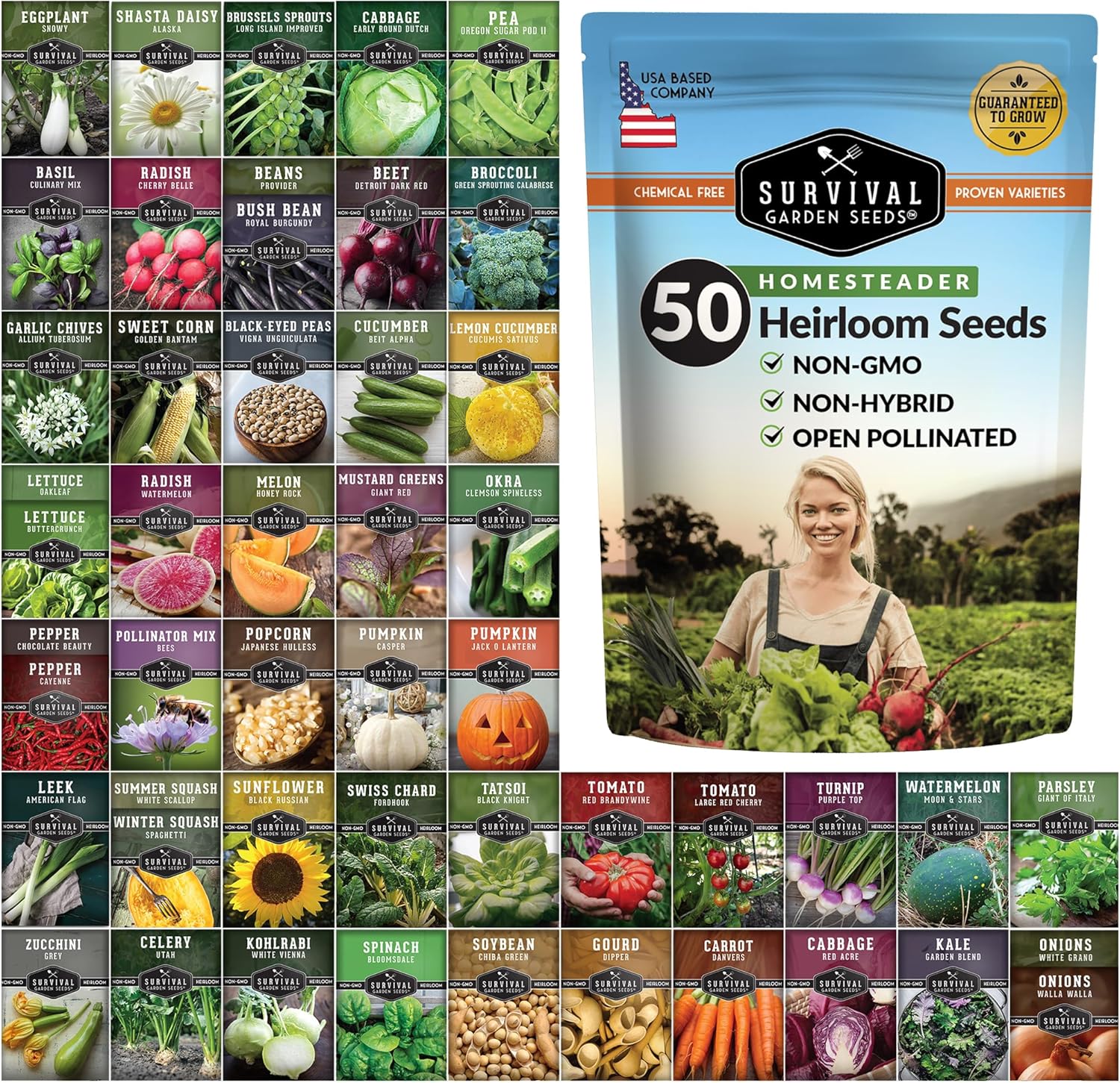 Homesteader Seed Vault - 50 Packs of Non-GMO Heirloom Vegetable, Fruit, Herb Seeds for Planting a Victory Garden - Grow Survival Food for Storage, Emergency Preparedness - Survival Garden Seeds