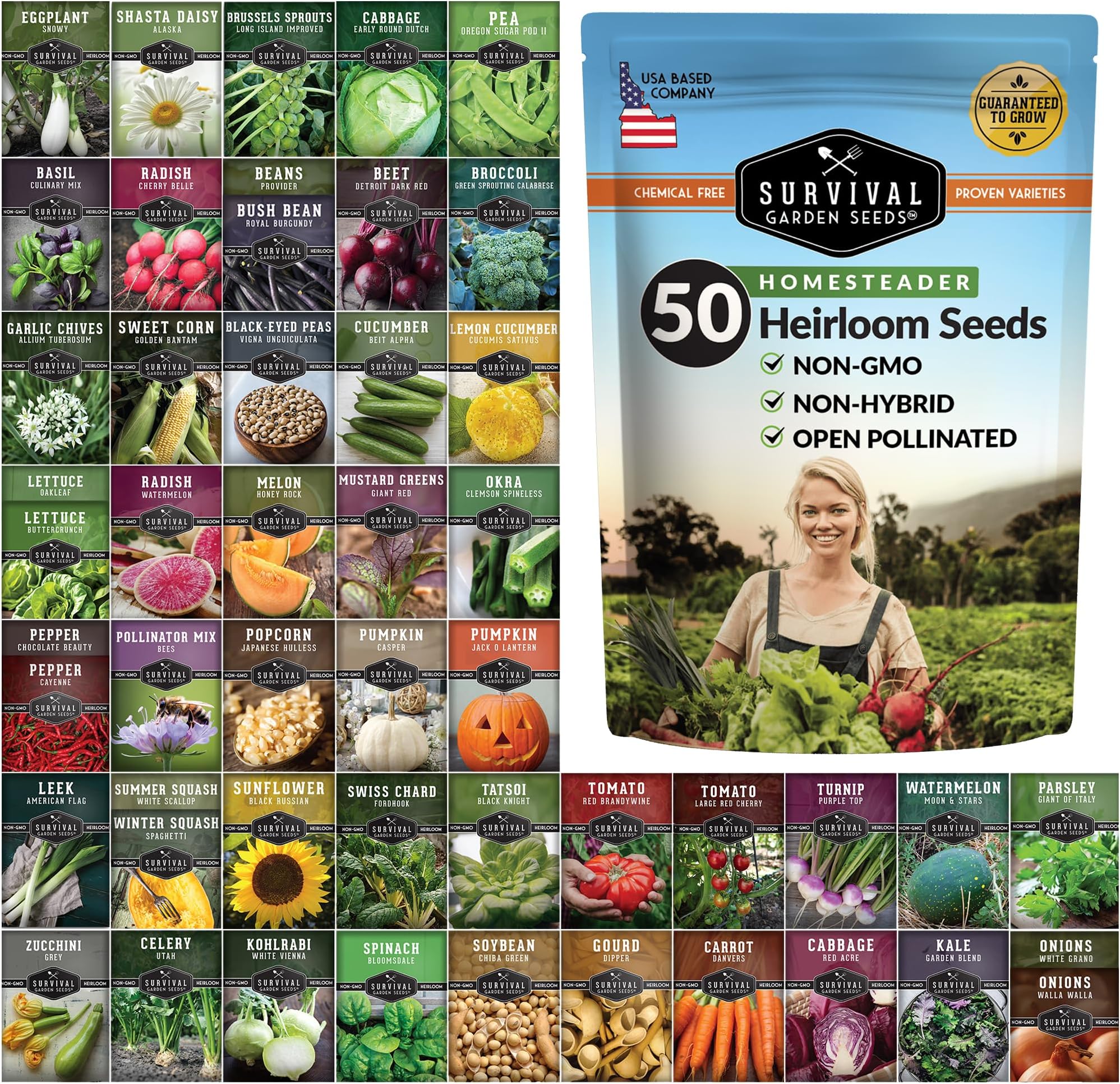 Homesteader Collection - 50 Packs Non-GMO Heirloom Vegetable, Fruit, Herb Seed Varieties for Growing a Victory Garden - Plant & Grow Survival Food - Emergency Preparedness Gear