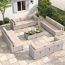12-Seat Modular Patio Furniture Set Outdoor Wicker Sectional Sofa with Thick 4 Cushions, Dual-Strand PE Rattan, Rust-Resistant 18 mm Steel Frame, Backyard Garden Deck Lounge,Beige