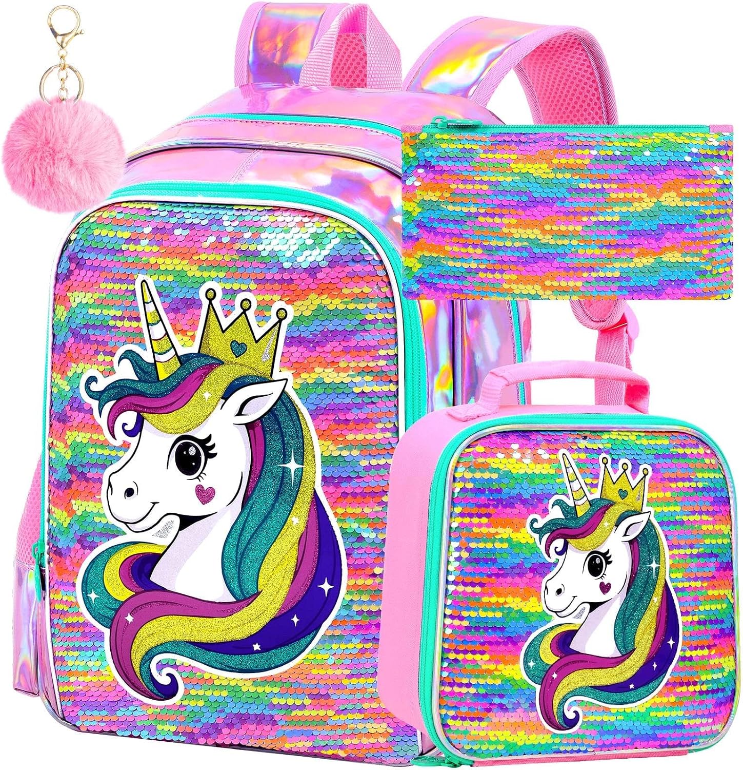 CCJPX 3Pcs Unicorn Backpack for Girls, 16" Kids Sequin Bookbag with Lunch Box, Water Resistant Elementary School Bag for Kindergarten Preschool Toddler (Rainbow)
