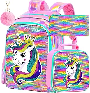 CCJPX 3Pcs Unicorn Backpack for Girls, 16" Kids Sequin Bookbag with Lunch Box, Water Resistant Elementary School Bag for Kindergarten Preschool Toddler (Rainbow)