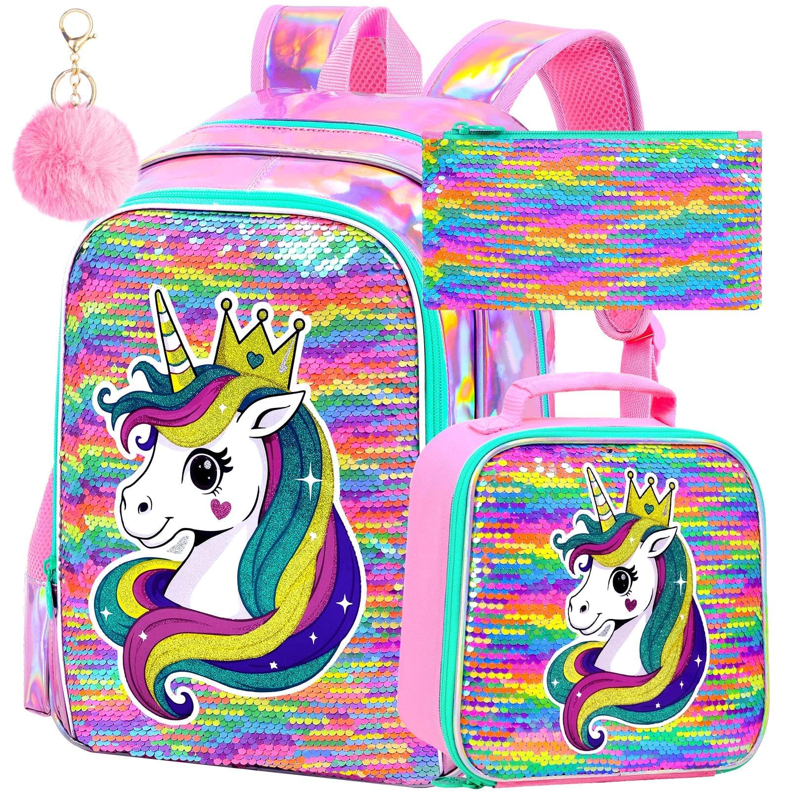 CCJPX 3Pcs Unicorn Backpack for Girls, 16" Kids Sequin Bookbag with Lunch Box, Water Resistant Elementary School Bag for Kindergarten Preschool Toddler (Rainbow)