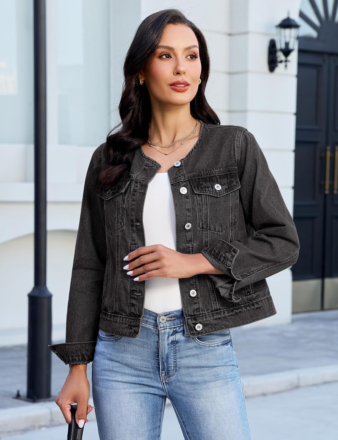 luvamia Jean Jacket Women Trendy Collarless Button Down Long Sleeve Casual Western Denim Jacket Country Concert Outfits - Image 6