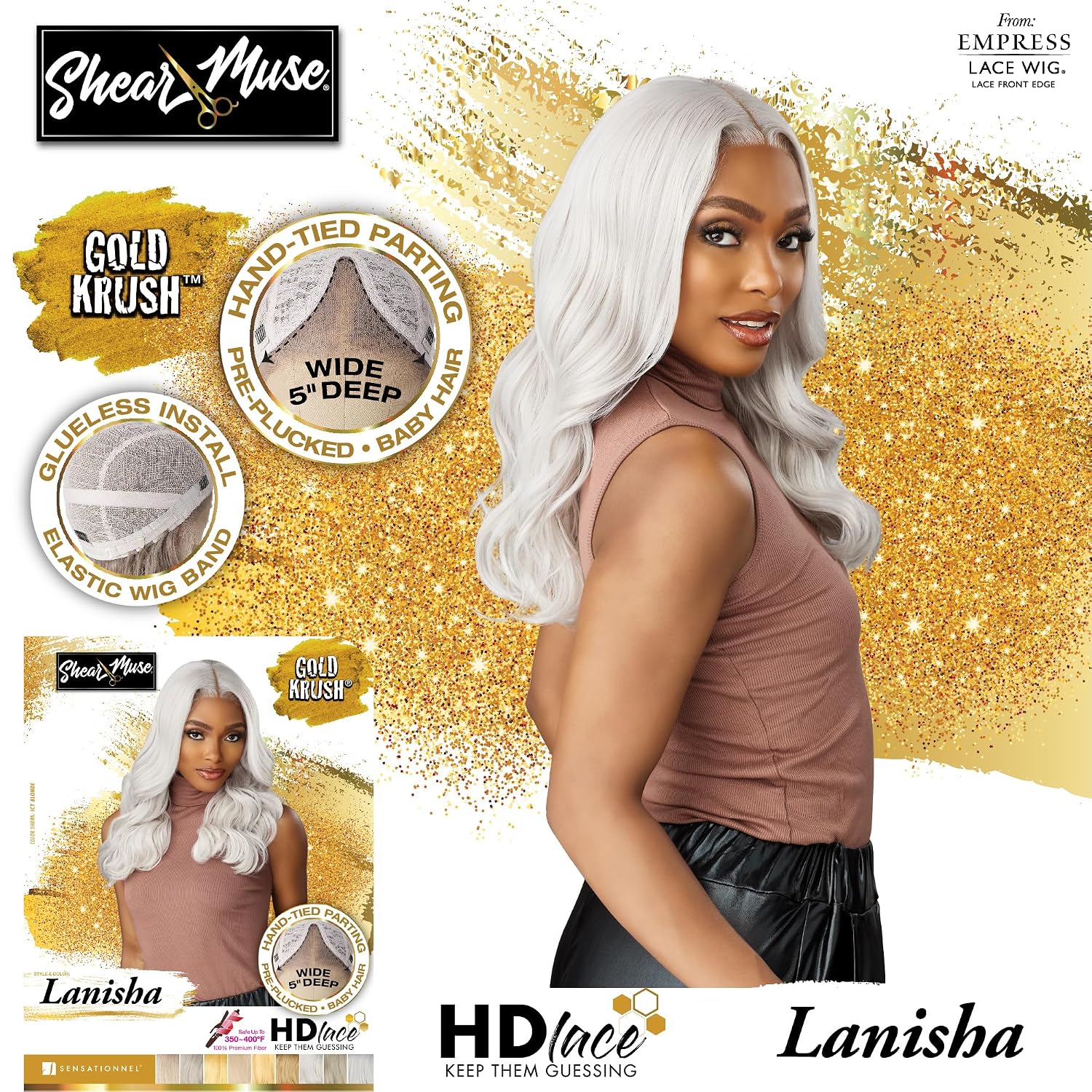 Sensationnel Shear Muse Gold Krush Lacewig - Lanisha Deep Laceparting Hand Tied Ready to Wear Synthetic Prestyled Units (BEIGEASHBLONDE)