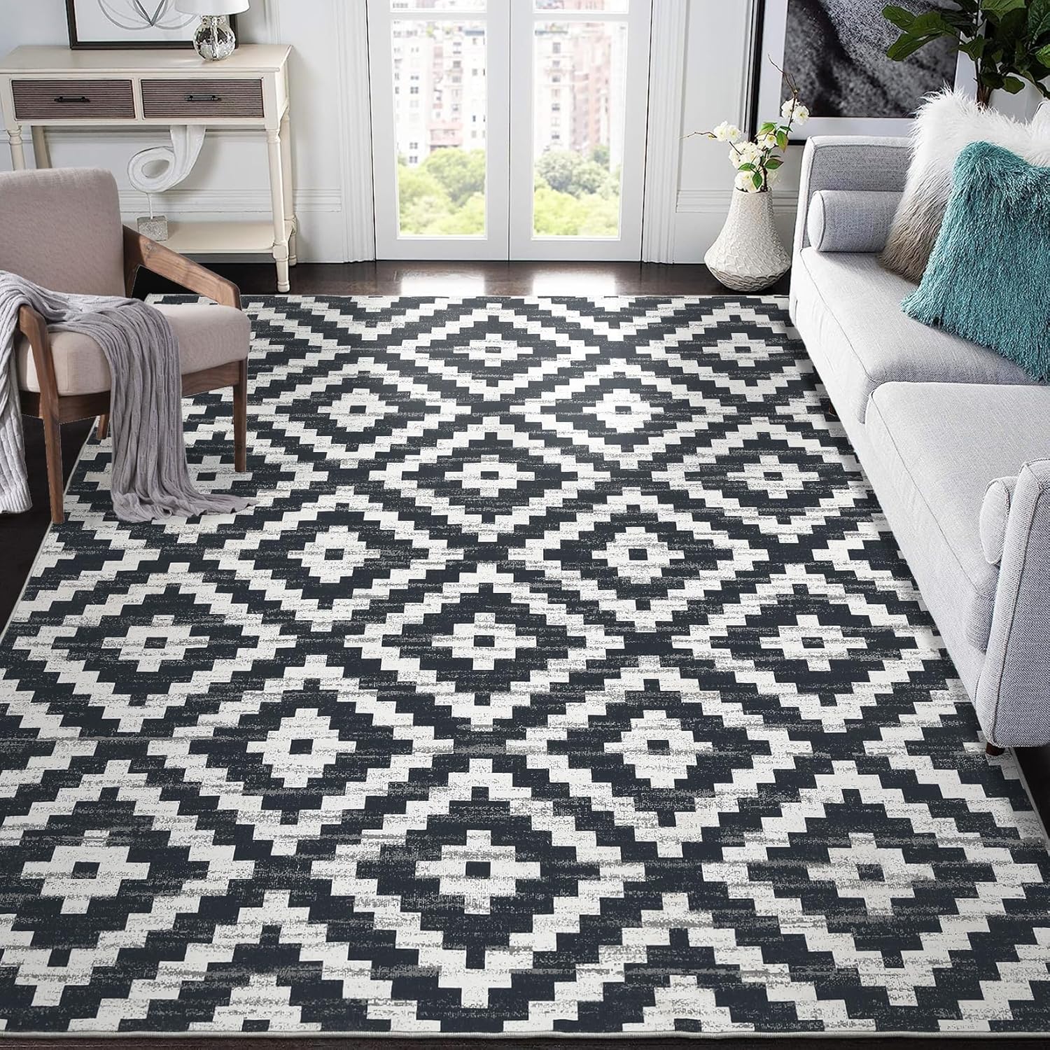 Garvee 8x10 Washable Rugs for Living Room, Geometric Checkered Area Rug Modern Distressed Indoor Mat Low Pile Neutral Soft Carpet Non Slip Stain Resistant Rug for Bedroom, Office, Nursery, Black