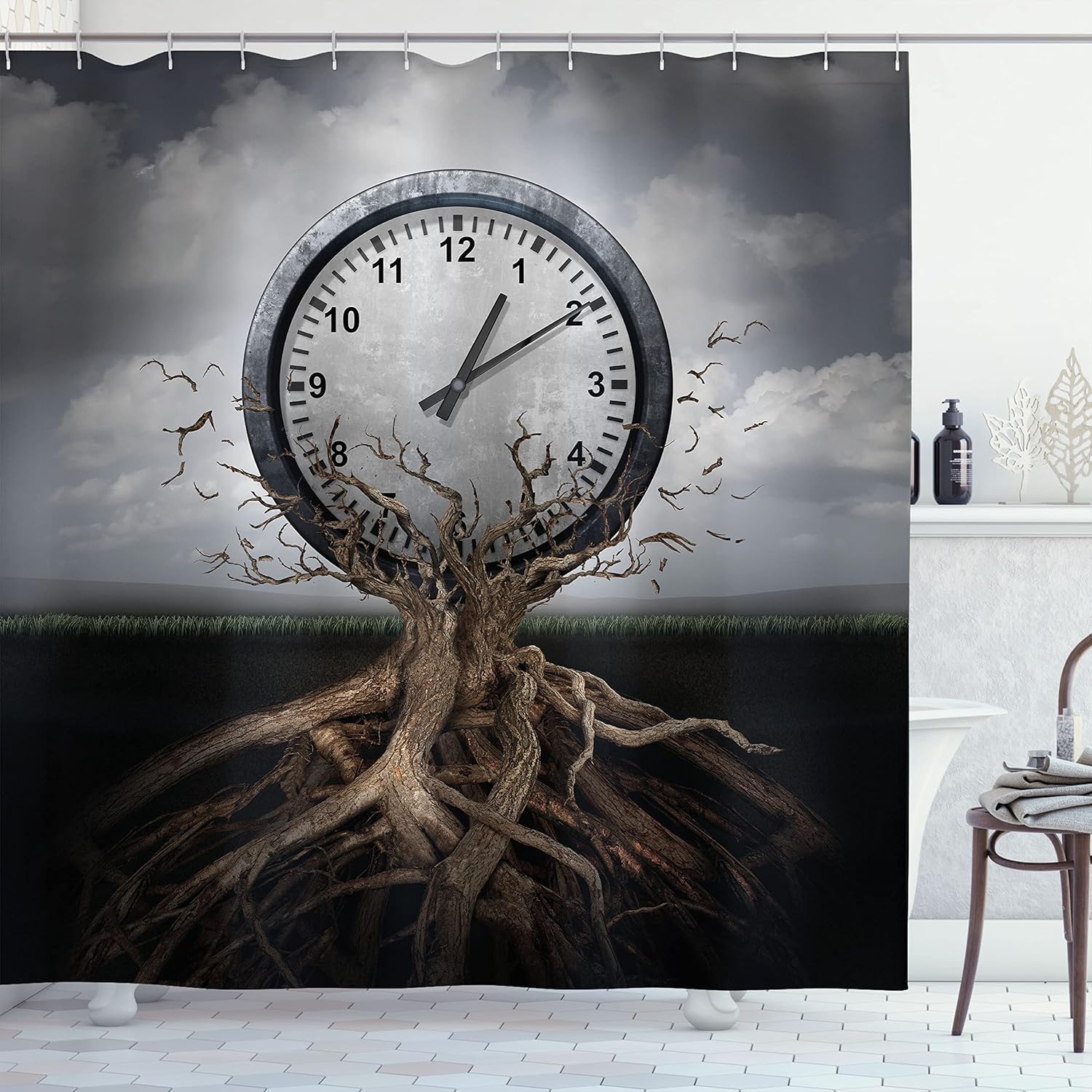 Ambesonne Clock Shower Curtain, Vintage Clock Breaking Free from Tree Trunk Surrealistic for Strategy Print, Cloth Fabric Bathroom Decor Set with Hooks, 69" W x 70" L, Grey Multicolor