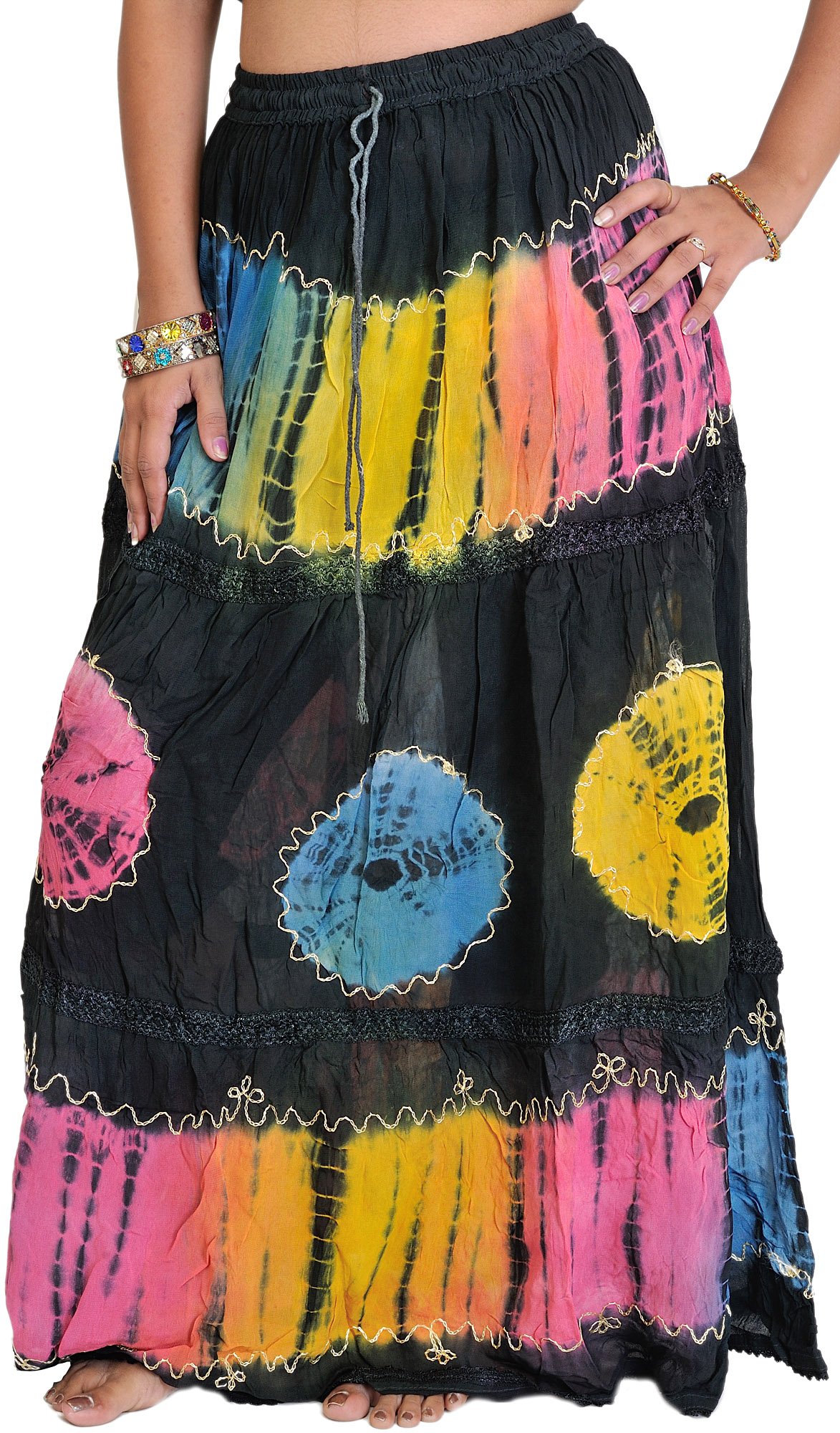 Jupe batik noir Exotic India vêtement en coton avec threadwork