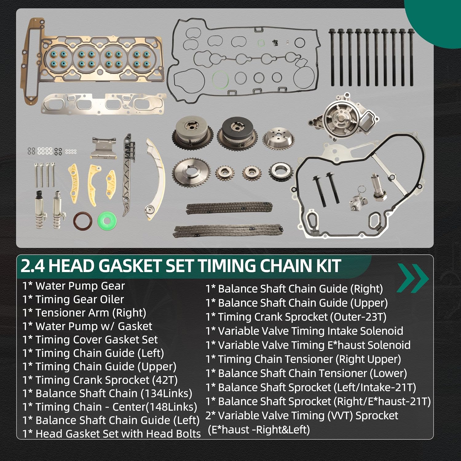 Head Gasket Set Timing Chain Kit Water Pump VCT Selenoid Actuator Gear For Chevy Equinox/Malibu/Cobalt/Impala for GMC Terrain for Buick Regal/Lacrosse 2.2/2.4L Ecotec 2009-2017 9-4201S HS26517PT