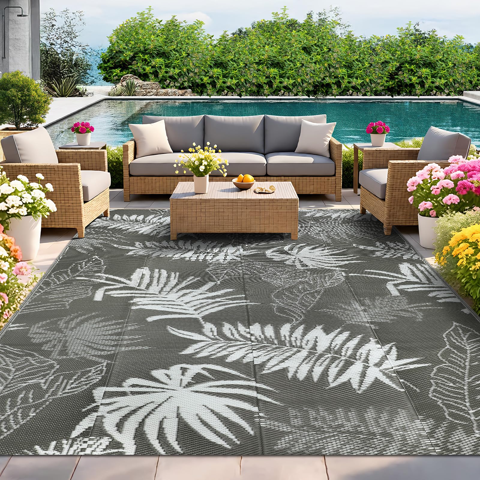 IMIYOKU Outdoor Rug for Patio Waterproof 180x270cm Reversible Large Outdoor Rug, Portable Plastic Straw Garden Rugs Carpet for Backyard RV Balcony Deck Picnic Camping