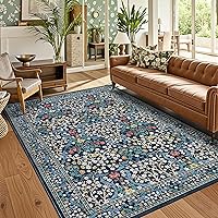 GarveeHome 5x7 Floral Area Rug Dark Blue Washable Non-Slip Low Pile Boho Rug for Living Room Bedroom Kids Pets