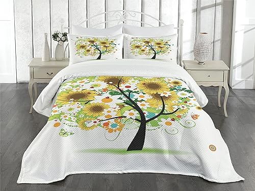 Miniatura 2 de Lunarable Colcha de girasol, árbol floral con margaritas, girasoles, mariposas, mariquitas, fantasía de primavera, juego de colcha acolchada