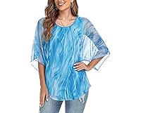 SeSe Code Womens Bell 3/4 Sleeve Blouses Pleat Stretch Mesh Shirts Loose Tops