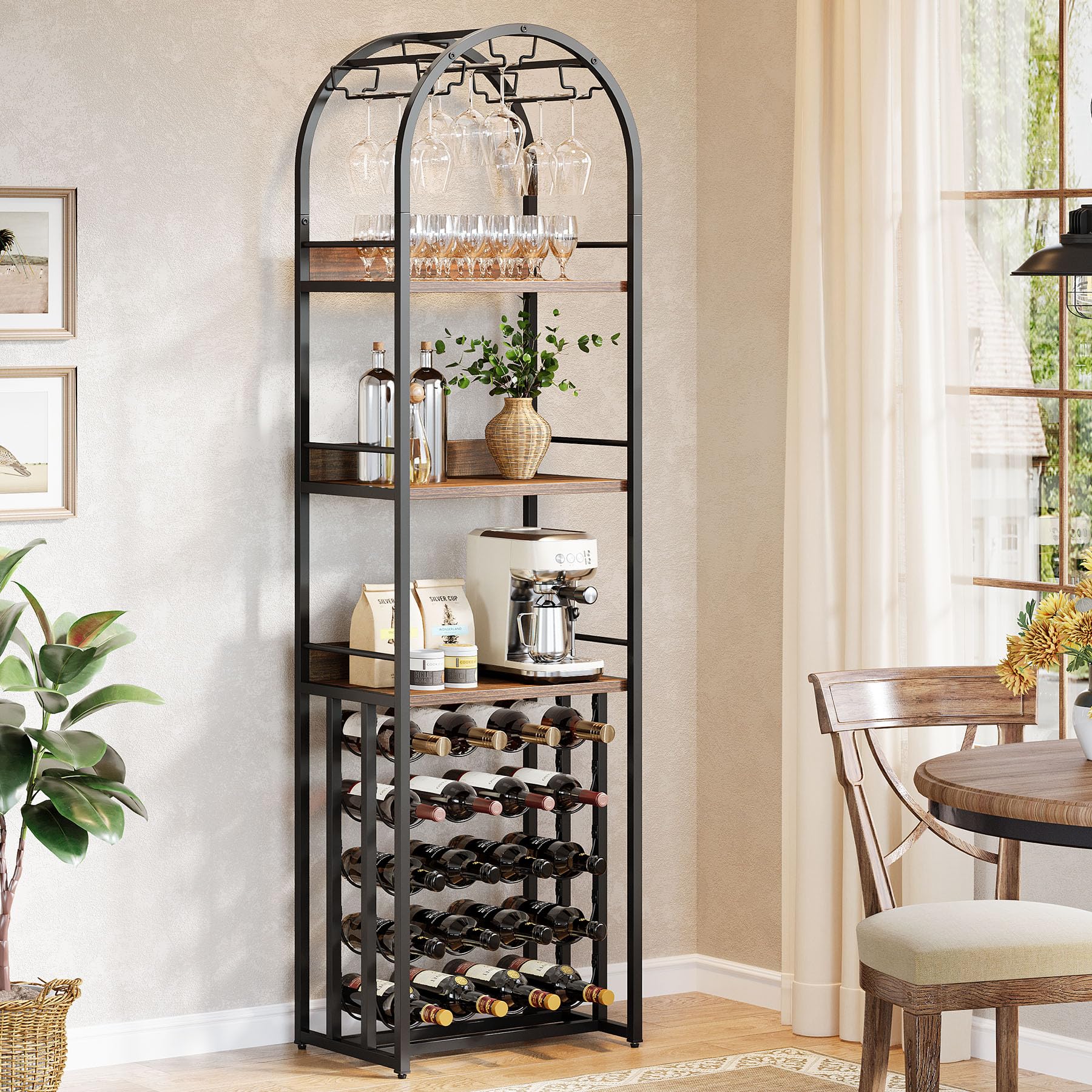 Tribesigns Porte-bouteilles en métal avec support en verre et rangement de vin pour cave, bar et espace de rangement, porte-bouteilles avec plateau de table, 50 x 35 x 180 cm, marron