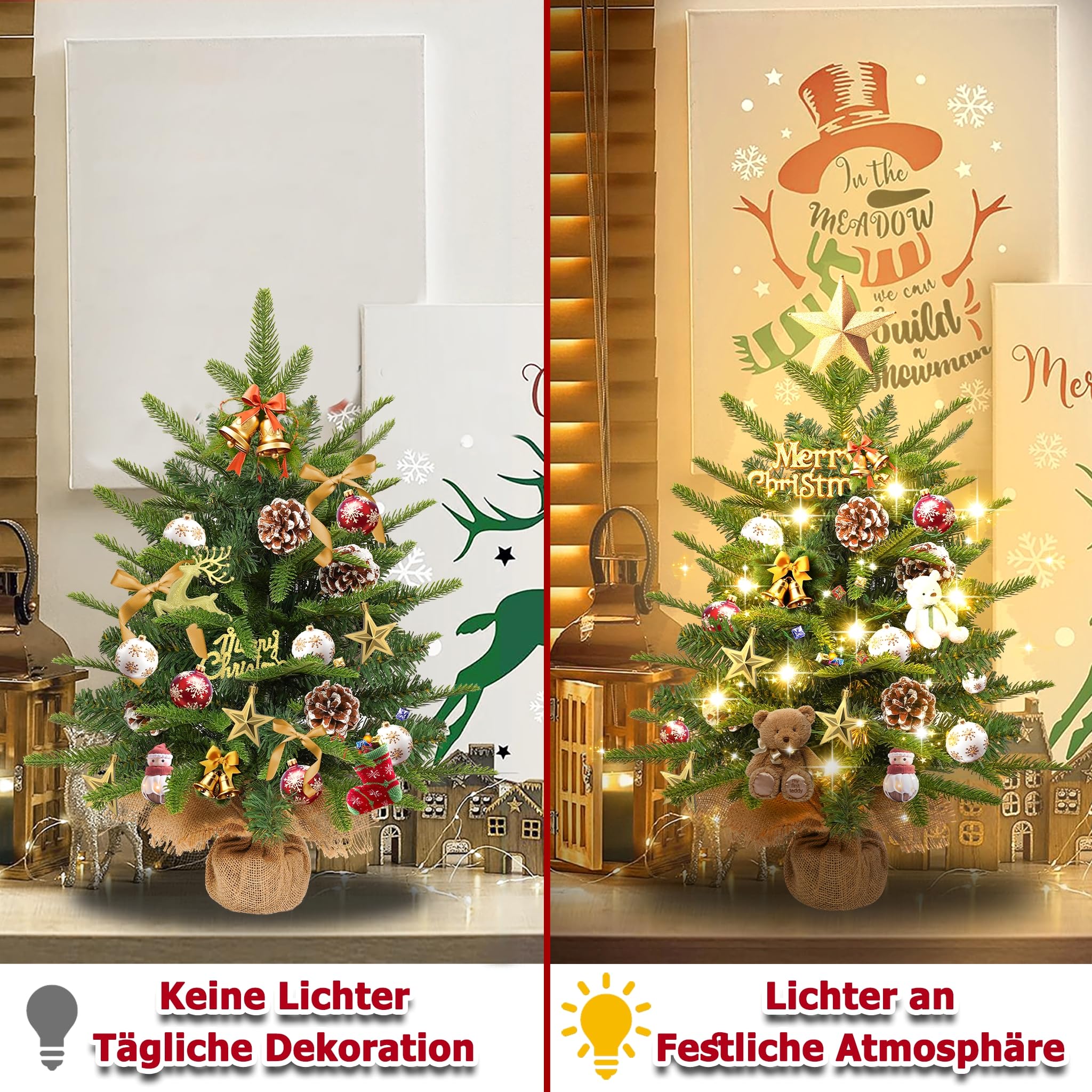 LILIIN Mini árbol de Navidad decorativo de 60 cm de PVC + PE, árbol de Navidad artificial, pequeño árbol de Navidad con cadena de luces LED, incluye caja de pilas y base (juego de 2)