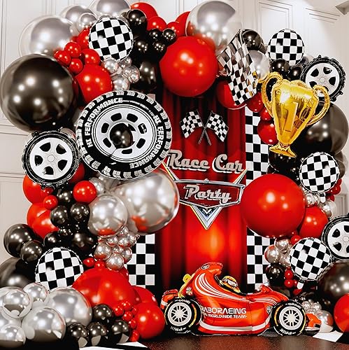 Miniatura 5 de Kit de 100 globos de auto de carreras con trofeo adicional y número 2  Kit de guirnalda de globos de carreras para autos Lightning McQueen, 2