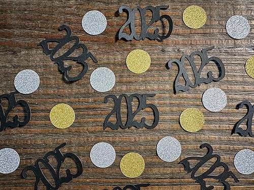 Black 2025 Graduation Party Confetti with Silver and Gold Circles