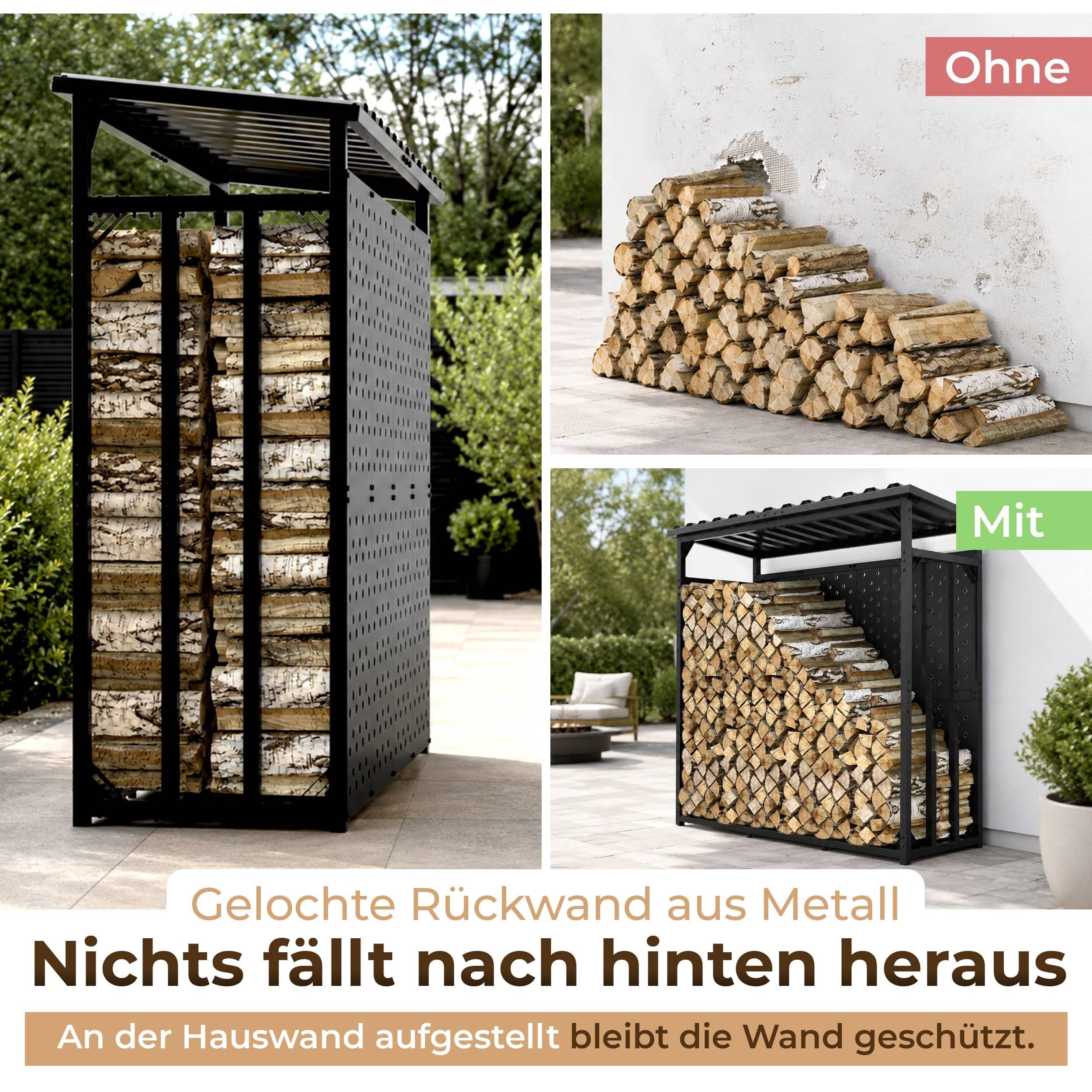 Kaminholzregal mit Rückwand außen 187x88x186 | verzinkt Metall Garten Holzregal Stapelhilfe mit Abdeckplane XXL Feuerholz Unterstand Metall Dach mit Wetterschutz