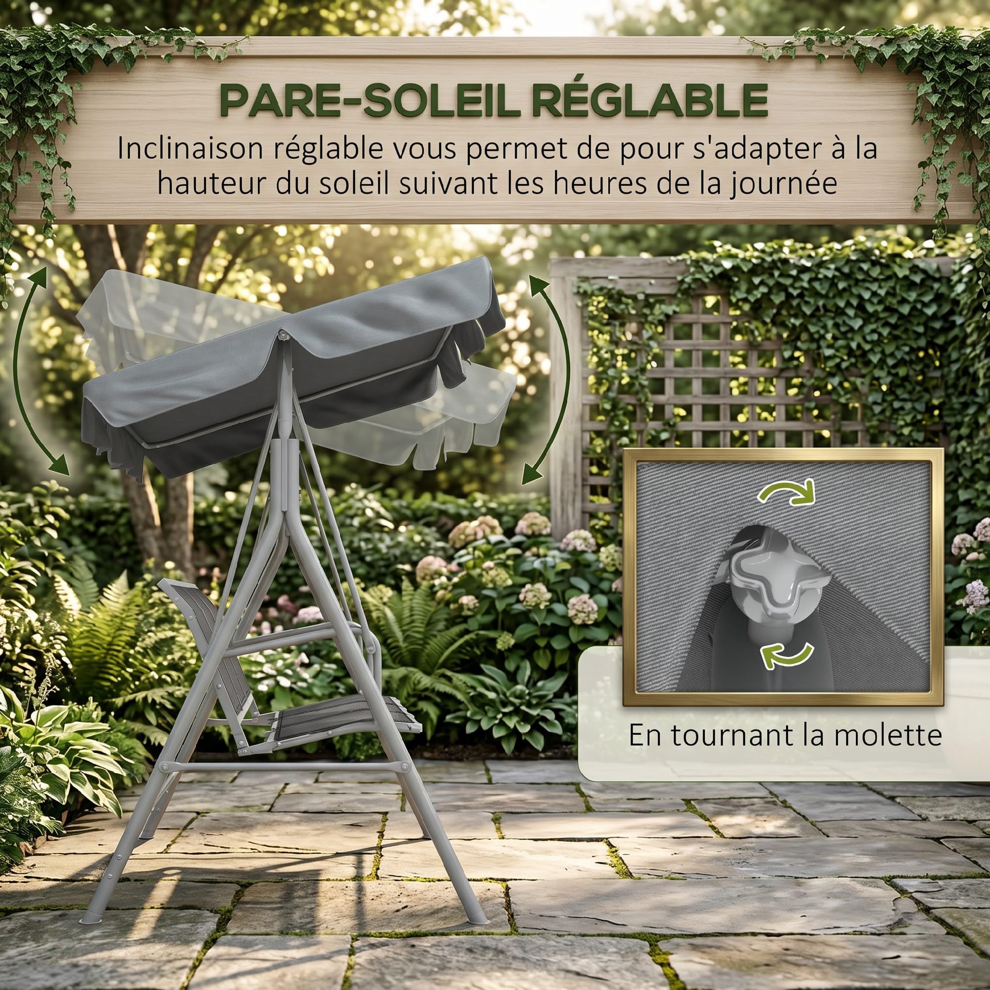 Outsunny Balancelle de Jardin 3 Places Grand Confort Toit Imperméable Gris