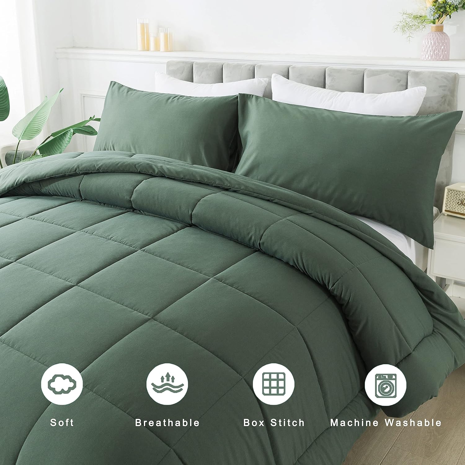 DOWNCOOL Full Size Comforter Sets -All Season Bedding Comforters Sets with 2 Pillow Cases -3 Pieces Bed Set Down Alternative Comforter Set -Sage Green Bedding Sets Full(82"x86") - Image 3