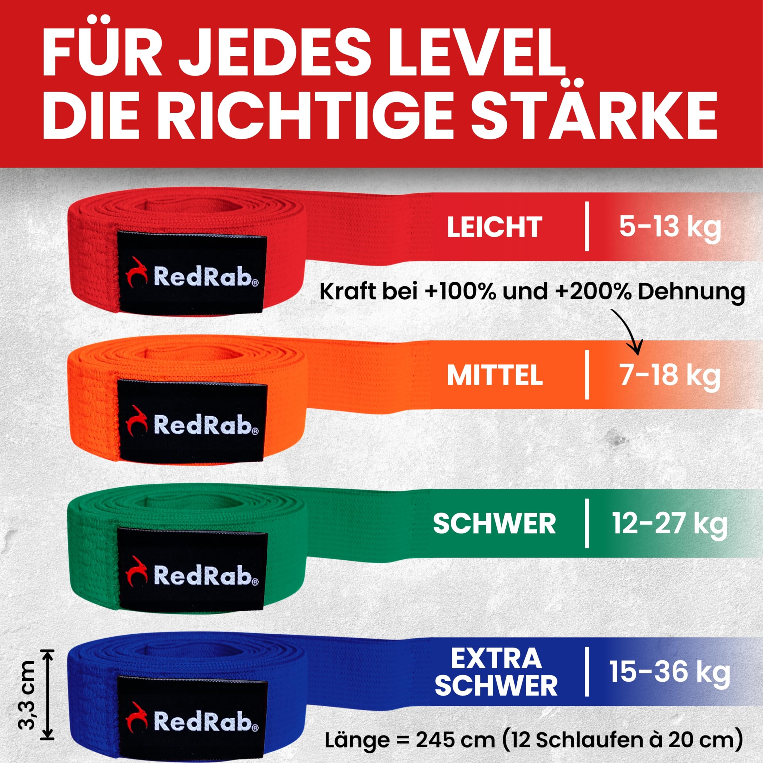 RED RAB Stoff Fitnessband mit Schlaufen - 245cm lang - Gymnastikband für Widerstandsbänder Krafttraining - reißfeste Fitnessbänder, Resistance Bands, Gummiband Sport, Trainingsbänder, Widerstandsband
