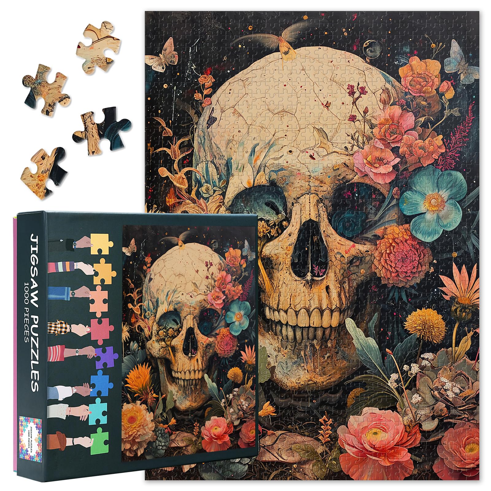 1000 Piece Puzzle for Adults & Jigsaw Puzzles - Skull with Flowers Gothic Floral Art, Dark Botanical Design, Premium Adult Puzzles - 27.5x19.7 in