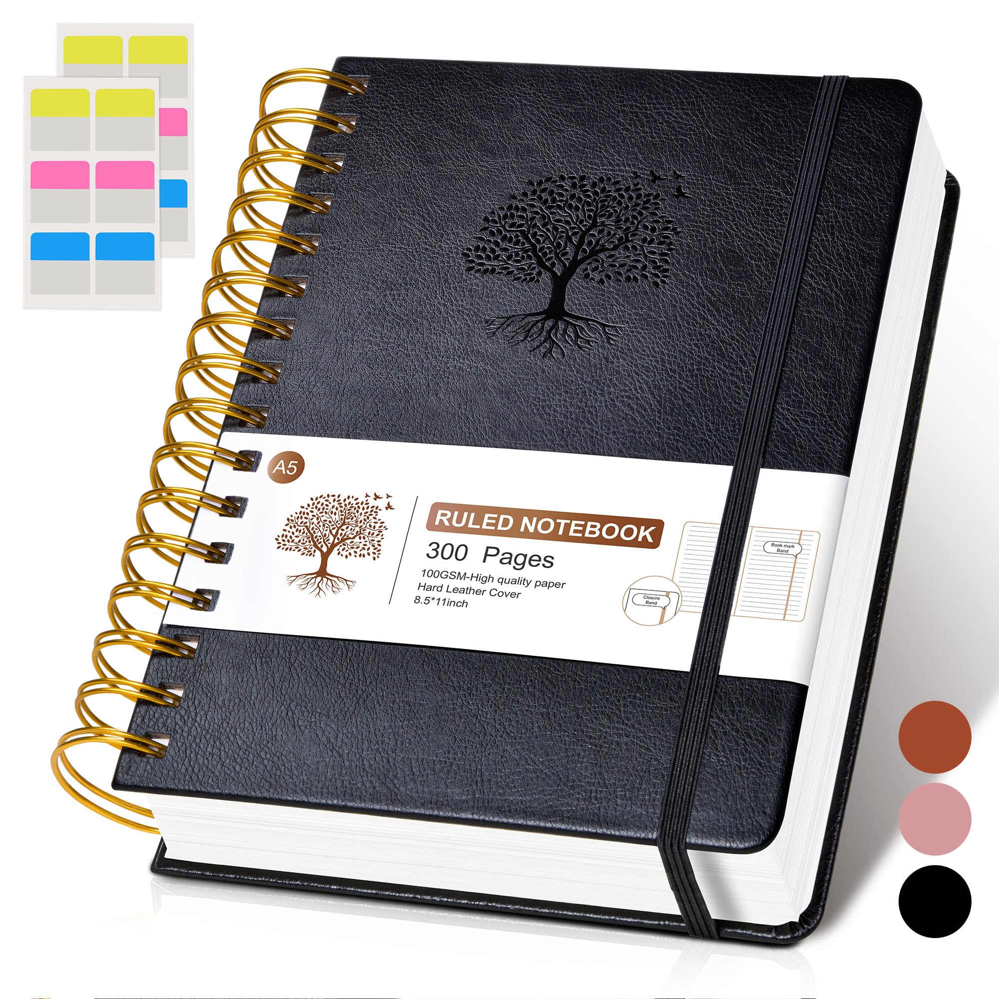 Lined Spiral Notebook Journal, 300 Pages Hardcover Leather Journals for Women Men, A5 College Ruled Notebooks, 100 GSM Thick Paper, Spiral Bound