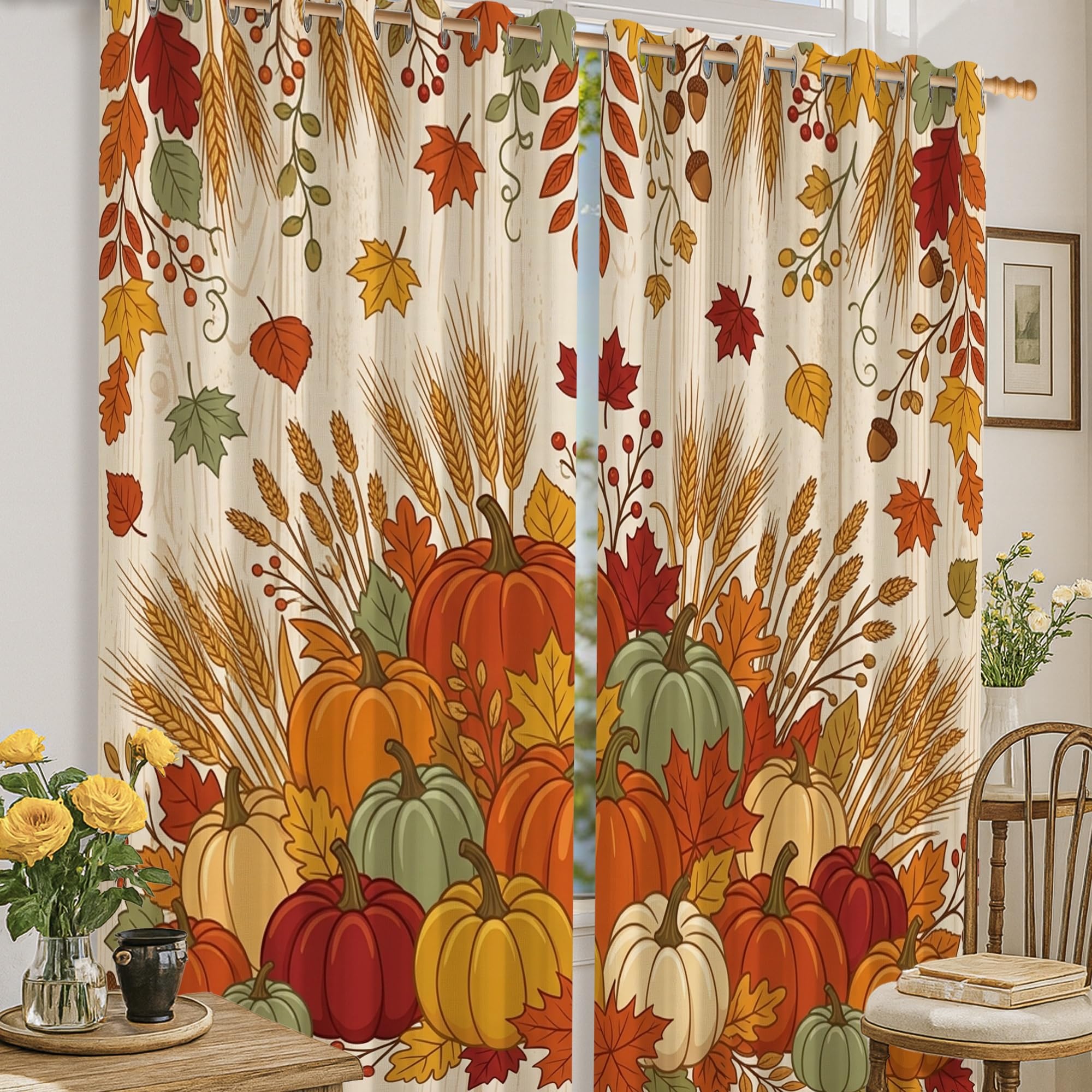 Rideaux occultants citrouilles rustiques au tissage raffiné d'automne 132 x 160 cm