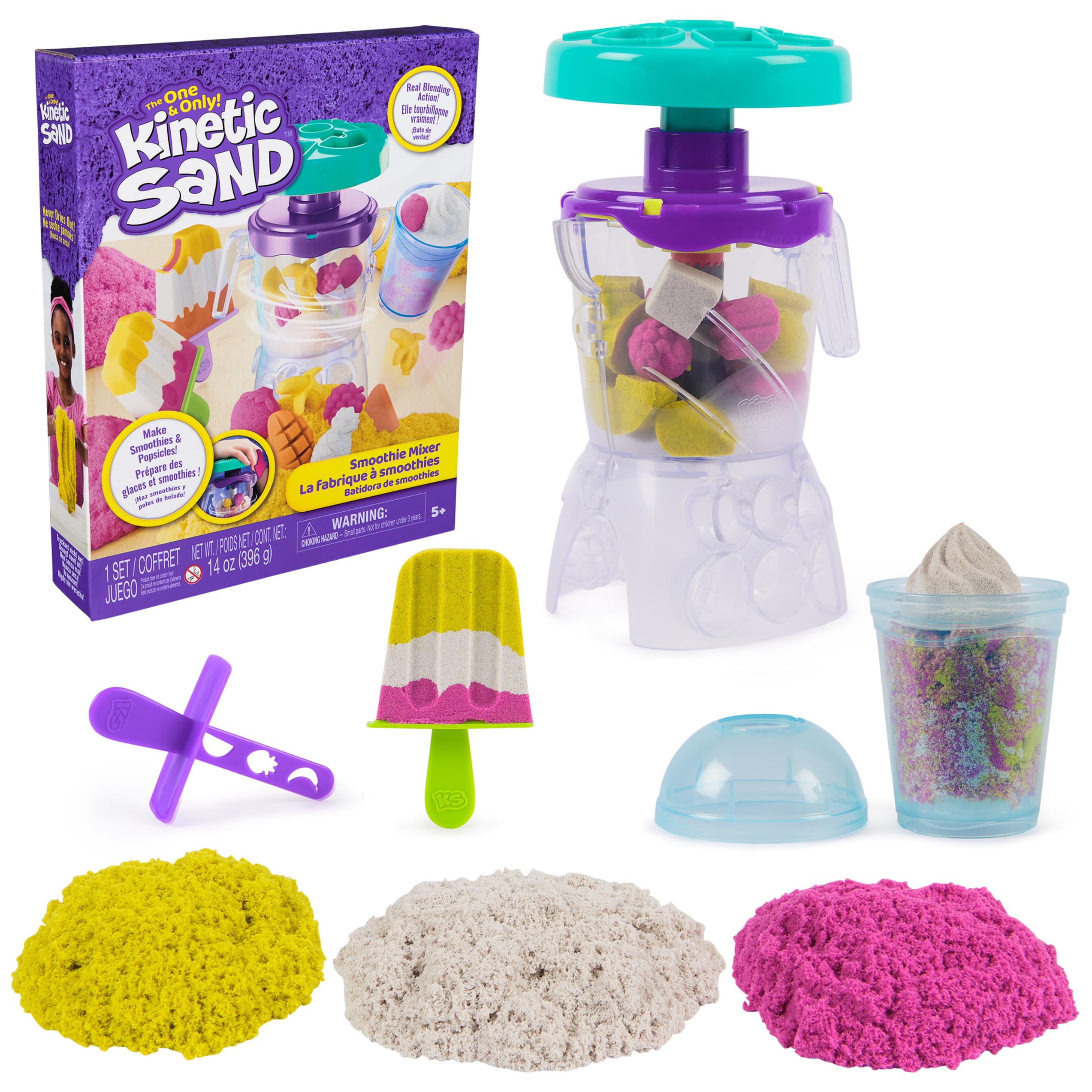 Kinetic Sand, Smoothie Mixer Playset with 14 oz Play Sand, Tools and Popsicle Mould, Play Food Toy, Arts and Crafts Kids Toys for Girls and Boys Ages 5 and up.