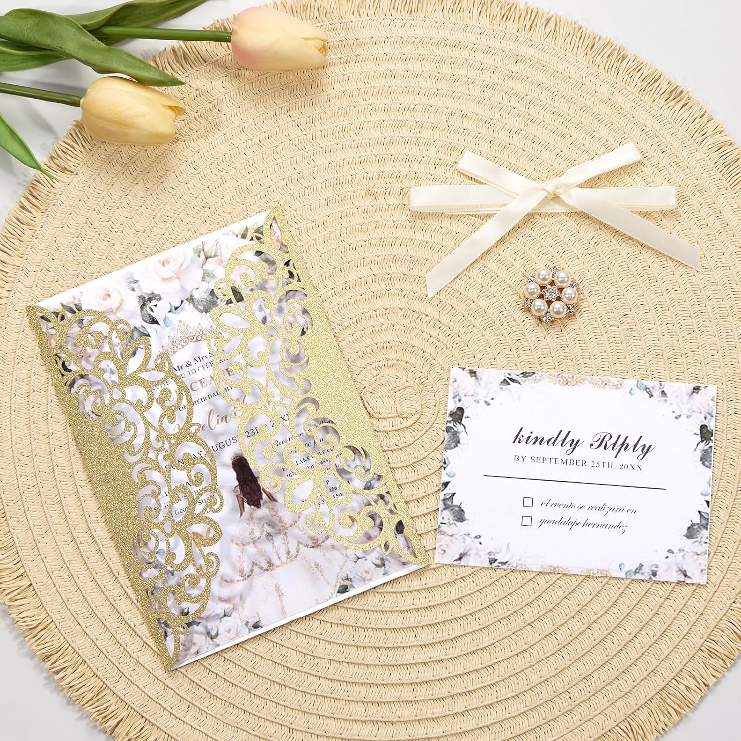 25 PCS Gold Personalized Wedding Invitation Sleeve Glitter Laser Cut Invitations with Pearl Buttons Hollow Out Flower Shaped for Wedding QuinceañEa Baby Bridal Shower Engagement (Blank Inner Sheet No Patterns or Text)