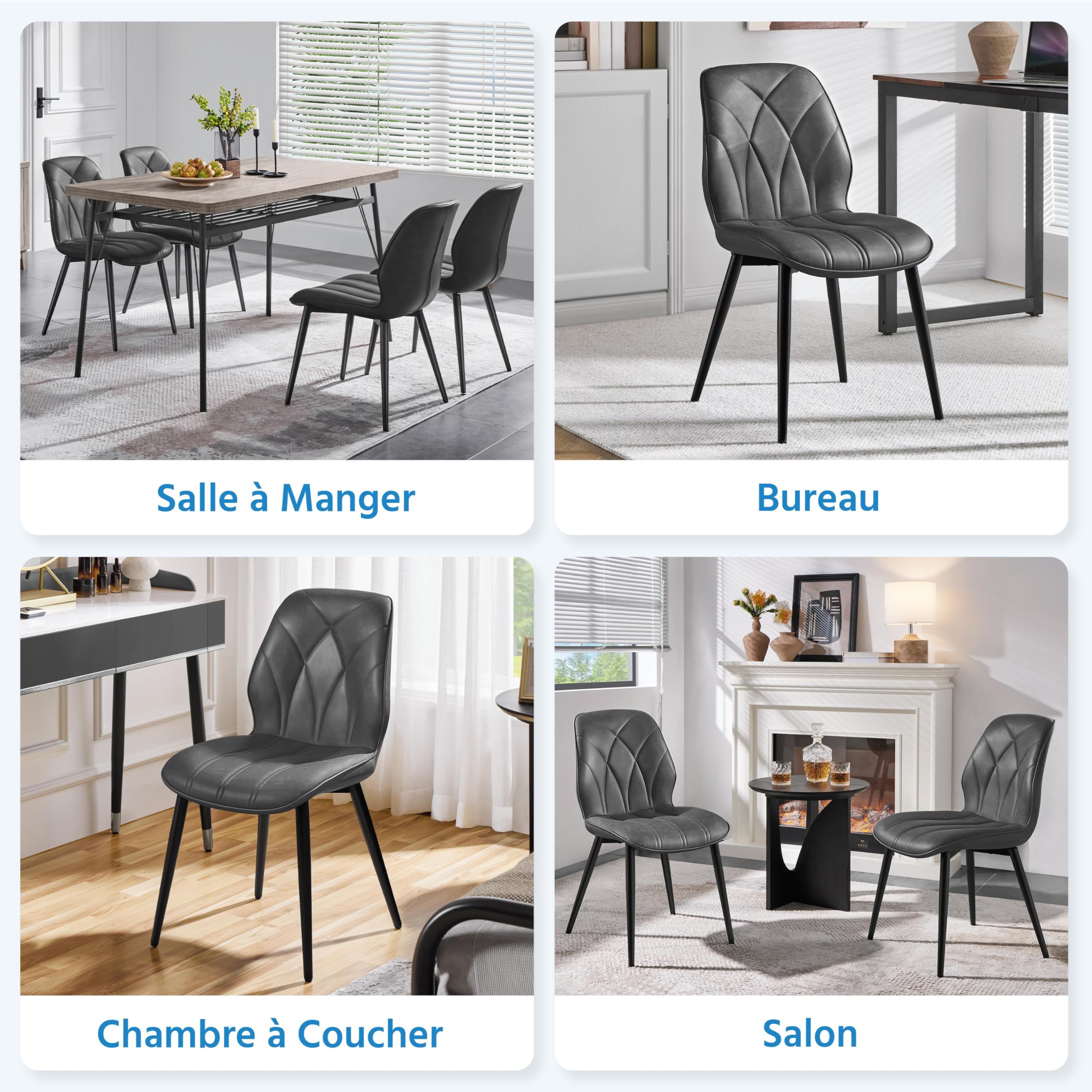 Yaheetech Chaises de Salle à Manger Lot de 4 Assise en Similicuir Dossier Ergonomique Chaises de Cuisine Moderne Bien Rembourrée Sièges de Chambre Cadre en Métal 58,5 × 44 × 82 cm Gris Foncé