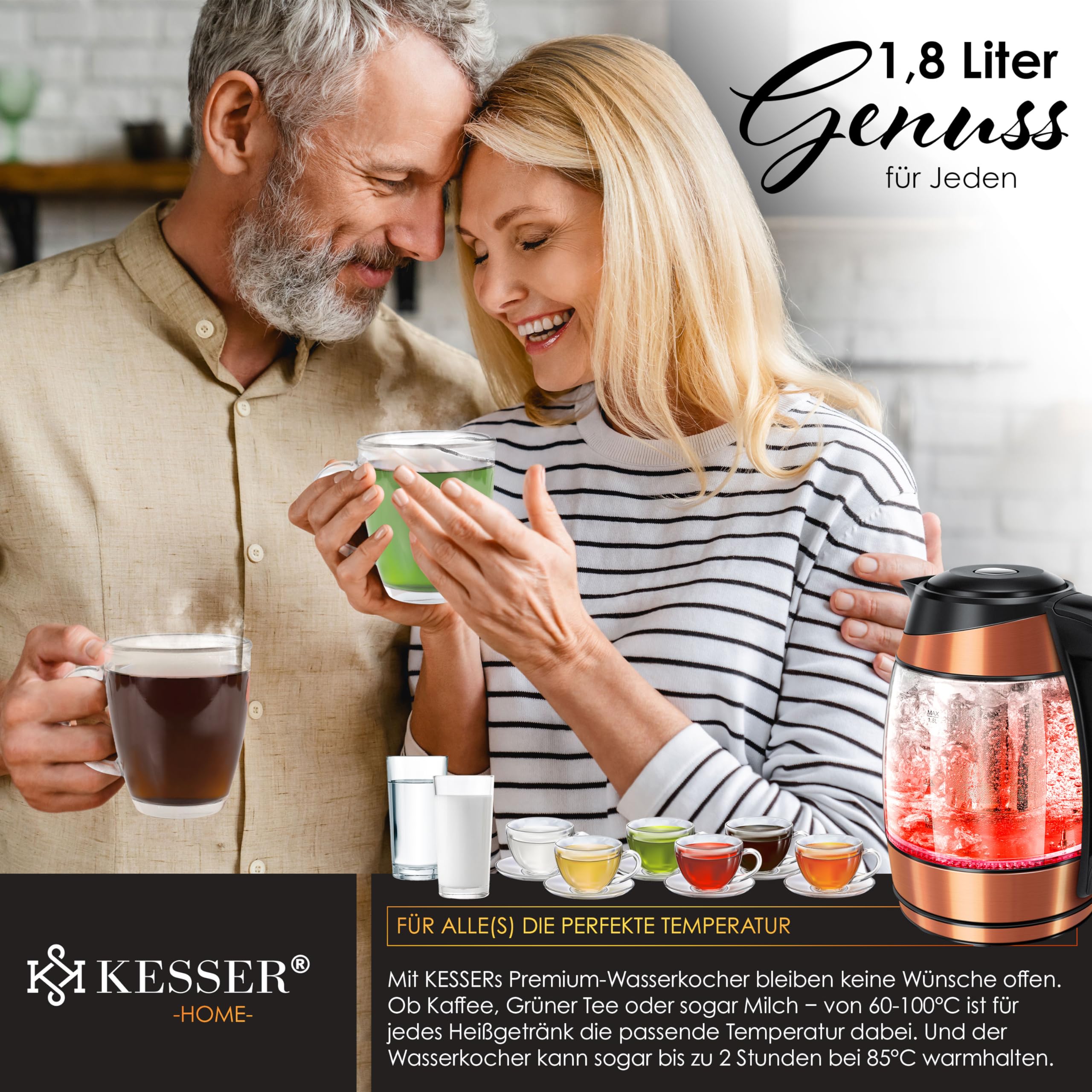 KESSER® 1,8L Bouilloire en acier inoxydable avec filtre à thé et filtre anticalcaire | Bouilloire avec éclairage LED - Couleur en fonction du choix de température 60, 70, 80, 90, 100 °C