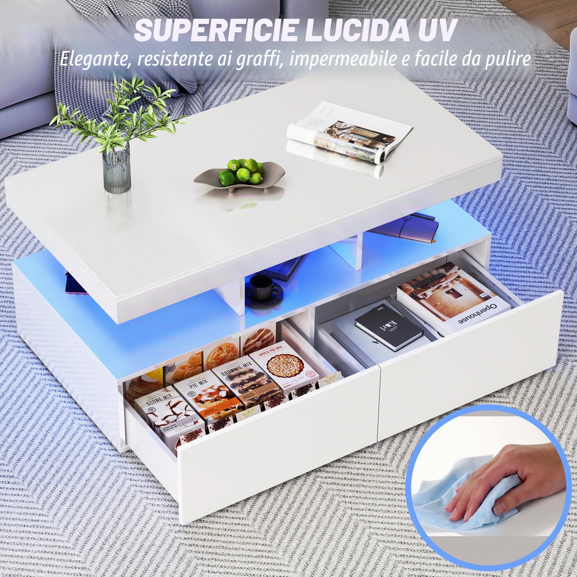 Tavolino da salotto, bianco, lucido, con illuminazione a LED RGB, tavolino con 2 cassetti, tavolino con vano portaoggetti, moderno, superficie liscia, 104 x 46 x 53 cm (bianco)