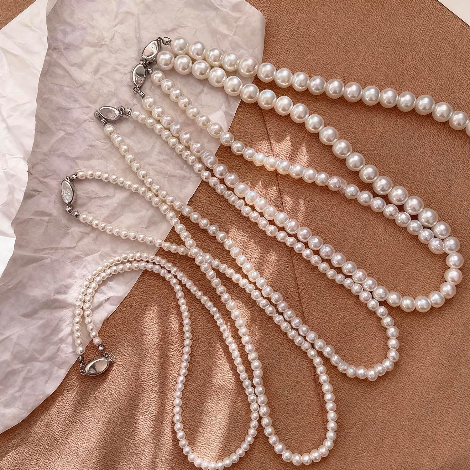 SukAmi White Pearl Jewelry Set Women S925 Silver Pearl Earrings Pearls Necklace Set 42cm Pearl Bracele 19cm