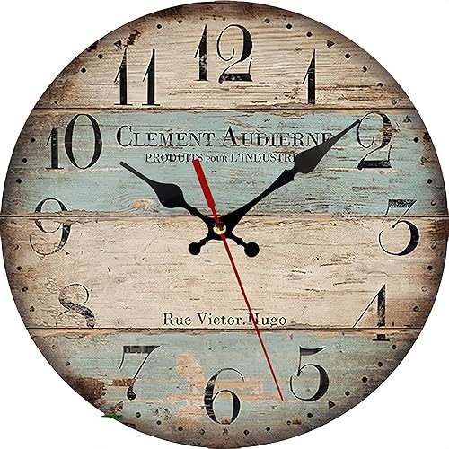 Reloj de pared redondo de madera de 12 pulgadas, silencioso, vintage, rústico, estilo náutico, números arábigos, ideal para sala de estar,