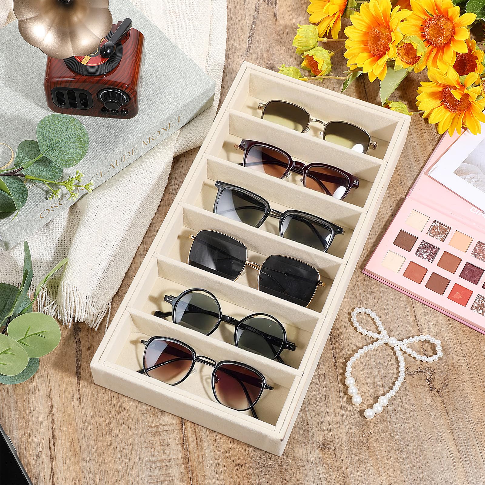 JJUNW 4 vassoi organizer in velluto per occhiali da sole, 6 griglie beige | Organizer per occhiali da sole, vassoio in velluto, impilabile, per esposizione di gioielli, occhiali, orologi