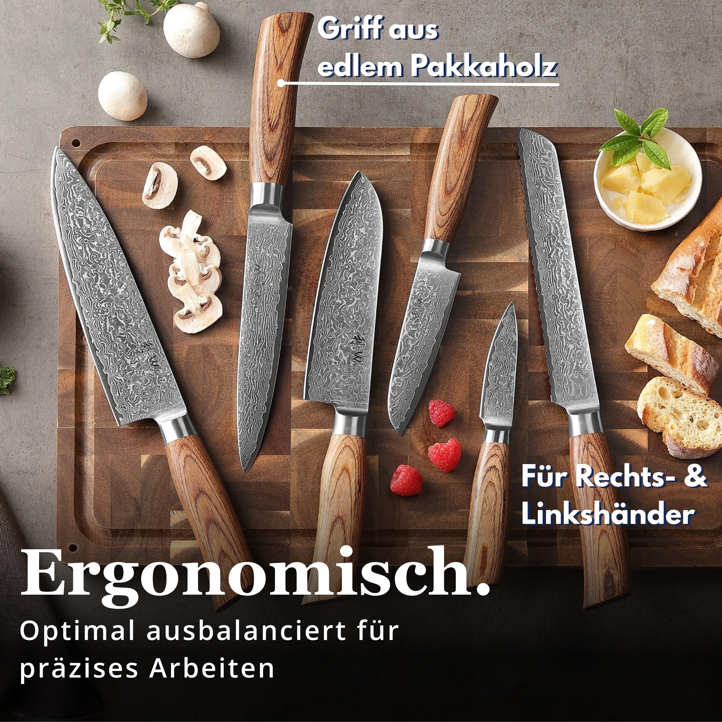 Wakoli EDIB Pro Messerblock Set mit 6 Damastmessern, 67 Lagen, VG10-Kern | Enthält Chefmesser, Brotmesser, Fleischmesser, Santoku, kleines Santoku und Officemesser sowie magnetischen Akazienholzblock