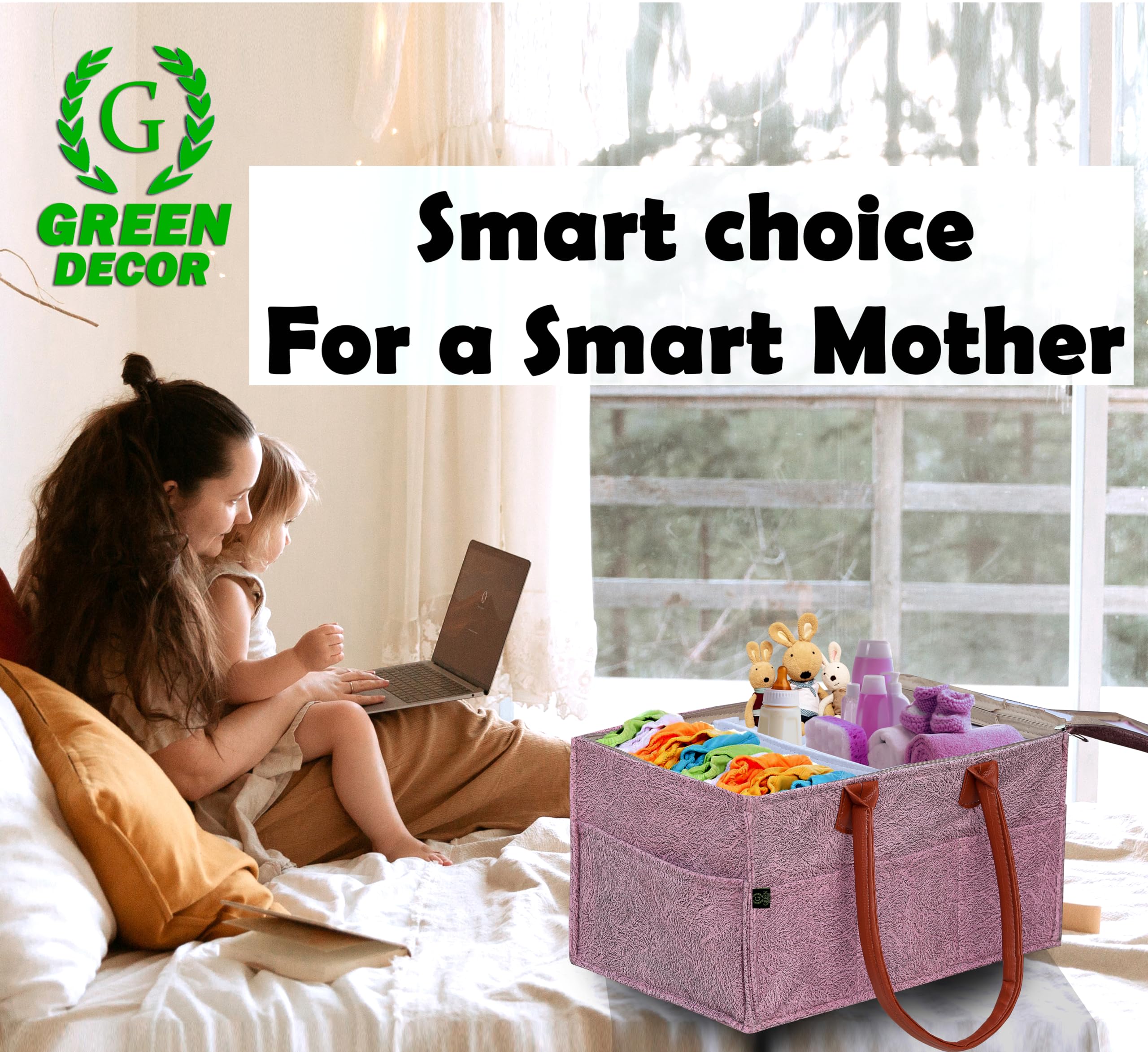 GREEN DECOR - Non Woven Fabric Cute Diaper Caddy Bag with Handles & Zip Lock for Smart Mothers Baby Diaper Caddy Wipes Felt Storage Organizers,Foldable and Portable (Dapple Pink - 18X12X9 Inch) - Image 7 thumbnail