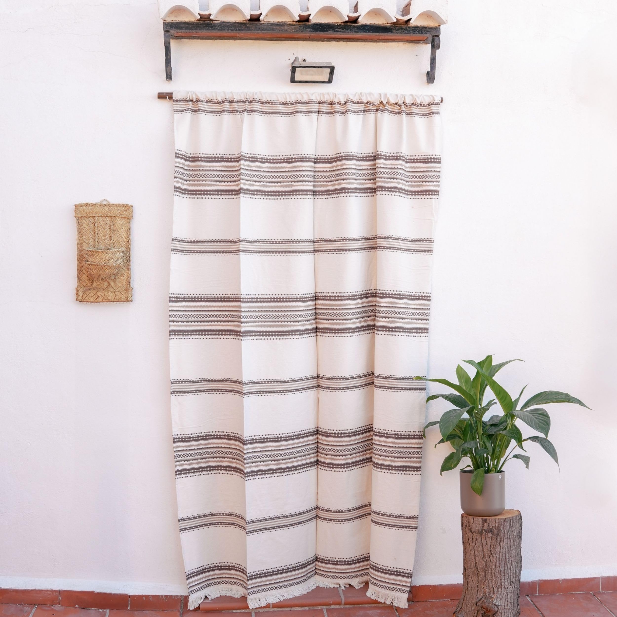 Tenda parasole rustica, (160 x 215 cm), Ecru Marrone Colore 103 Realizzata in Spagna, Fibra naturale di cotone - Tenda per porta esterna zanzariera e parasole