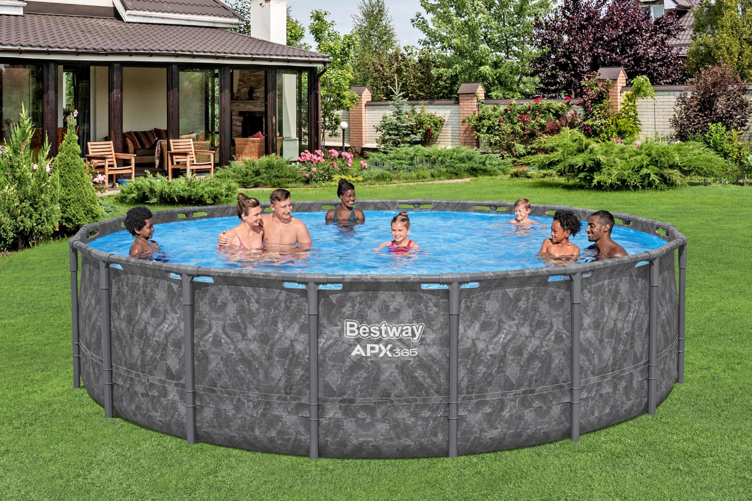 Bestway APX365 Winterfestes Frame Pool Set, Ø 549 x 132 cm, 26.000 L, Sandfilteranlage, Marmor-Optik, Ganzjahresschutz, Kein Abbau nötig, Werkzeugloser Aufbau, Sicherheitsleiter, Abdeckplane