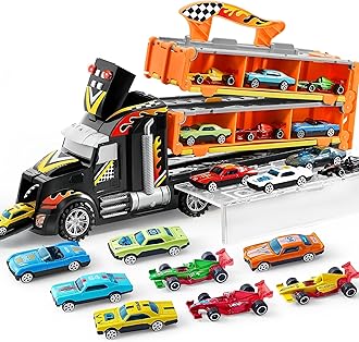 JOYIN Toy Truck for Kids, Race Toy Cars, 60" Extra Long Race Track and 12 Die-Cast Metal Cars, Toddler Carrier Truck with Lights & Sounds, Christmas Birthday Gifts for 2 3 4 5 6 7 Years Old Grandkids