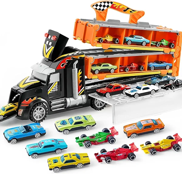 JOYIN Toy Truck for Kids, Race Toy Cars, 60" Extra Long Race Track and 12 Die-Cast Metal Cars, Toddler Carrier Truck Playset with Lights & Sounds, Birthday Gift for 2 3 4 5 6 7 Years Old Boys Girls