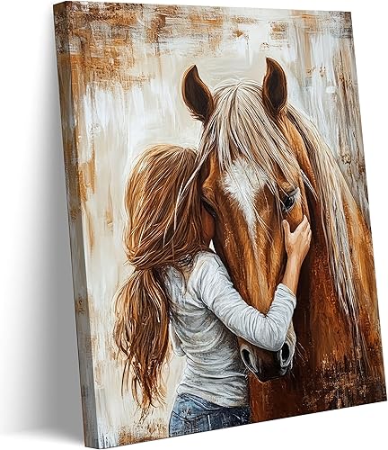 Lienzo enmarcado de niña pequeña y caballo, arte de pared retro con tonos cálidos de tierra, imagen para decoración de pared, imagen de niña pequeña