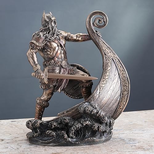 Miniatura 2 de Veronese Design Guerrero vikingo nórdico de 9,5 pulgadas de pie en estatua larga con acabado de bronce antiguo de proa de barco